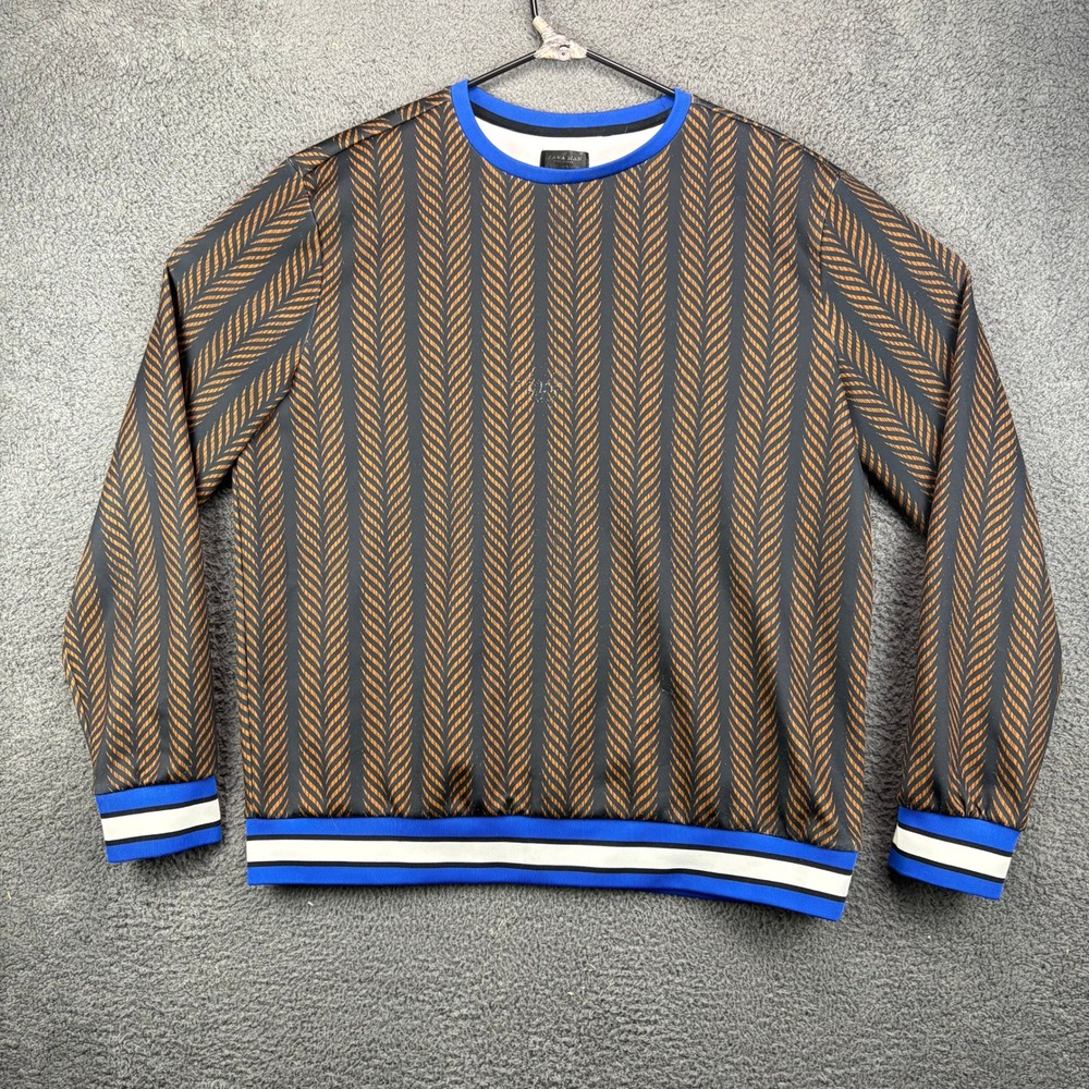 Zara Man Black Brown Chevron Stripe Crew Neck Long Sleeve Sweatshirt XL